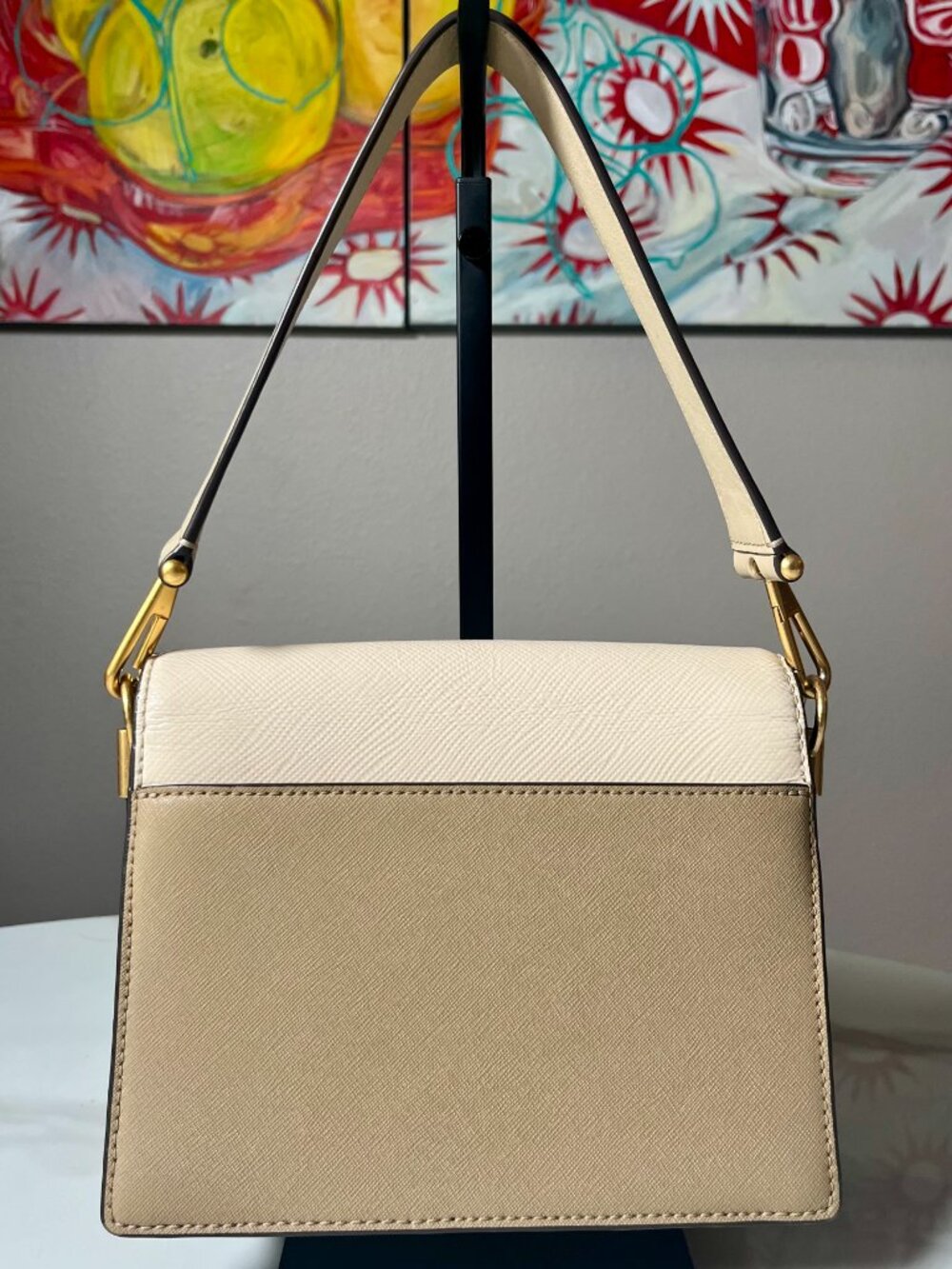 Tory Burch Robinson Color Block Saffiano Leather Flap Shoulder Bag Ivory/Taupe - Picture 2 of 16